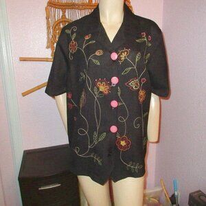 Alfred Dunner Embroidered Top Size 2X Tunic Button Up Rainbow Floral Artsy Boho